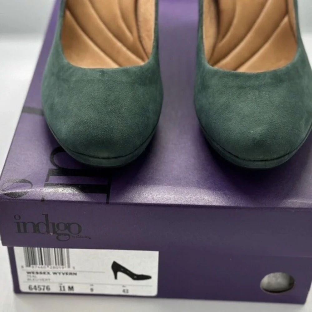 Clarks Indigo Wessex Wyvern Teal Suede Platform Pumps Heels 11M Preppy‎ 02-04